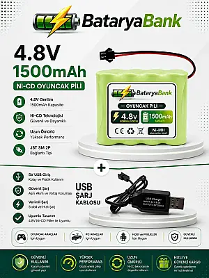 4.8V 1500mAh Oyuncak Araba Pili Bataryası + USB Şarj Cihazı Siyah Soketli Ni-MH Şarjlı Batarya Seti - 1