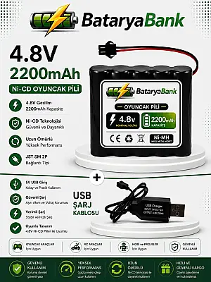 4.8V 2200mAh Oyuncak Pili Siyah Soket + USB Şarj Cihazı | Şarjlı Oyuncak Bataryası - 1