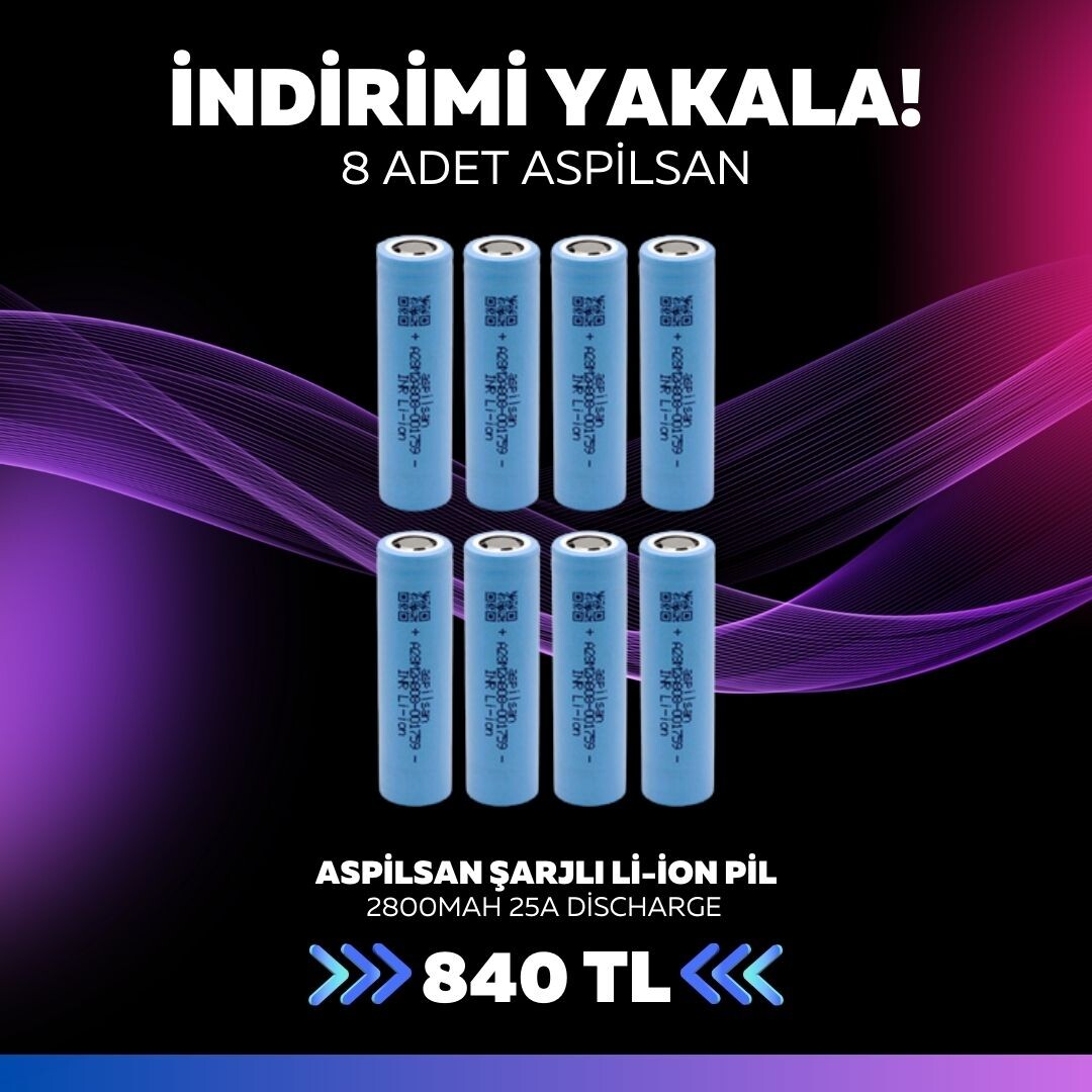 8 Adet Aspilsan INR18650A28 3.7V 2800mAh 25A Discharge Şarjlı Li-ion Pil