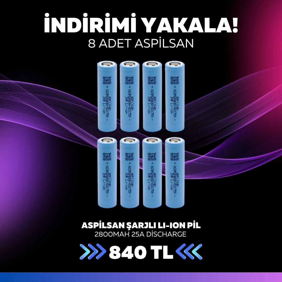 8 Adet Aspilsan INR18650A28 3.7V 2800mAh 25A Discharge Şarjlı Li-ion Pil