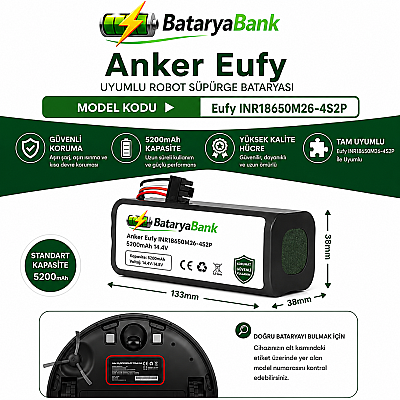 Anker Eufy INR18650M26-4S2P Uyumlu Robot Süpürge Bataryası 14.4V 5200mAh Li-ion Yüksek Kapasiteli Pil - 1