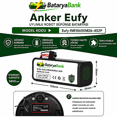 Anker Eufy INR18650M26-4S2P Uyumlu Robot Süpürge Bataryası 14.4V 5800mAh Li-ion Yüksek Kapasiteli Pil - 1