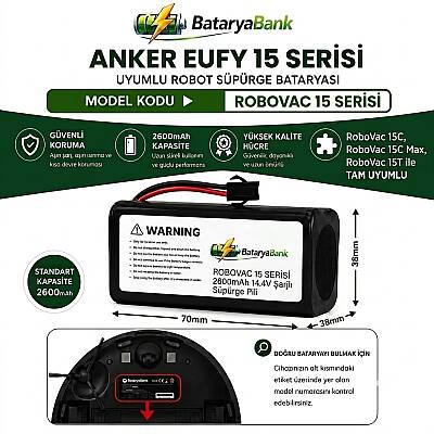 Anker Eufy RoboVac 15 Serisi Uyumlu Robot Süpürge Bataryası 14.4V 2600mAh Li-ion Şarj Edilebilir Pil (15C / 15C Max / 15T) - 1