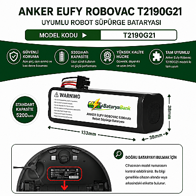 Anker Eufy Robovac T2190G21 Uyumlu Robot Süpürge Bataryası 14.4V-14.8V 5200mAh Li-ion Yüksek Kapasiteli Pil - 1