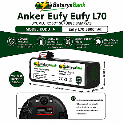 BataryaBank Anker Eufy L70 (T2190) Uyumlu Robot Süpürge Bataryası 14.4V 5800mAh Li-ion Yüksek Kapasiteli Yedek Pil - 1