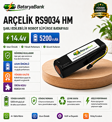 BataryaBank Arçelik RS9034 HM 14.4V 5200mAh Şarj Edilebilir Robot Süpürge Bataryası - 1
