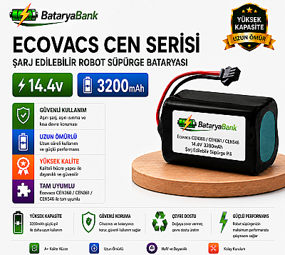 BataryaBank Ecovacs CEN360 / CEN361 / CEN546 Uyumlu Robot Süpürge Bataryası 14.4V 3200mAh Li-ion Şarj Edilebilir Pil - 1