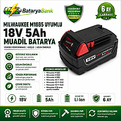 BataryaBank Milwaukee M18B5 Uyumlu 18V 5Ah ( 5000mAh ) Li-ion Muadil Matkap Bataryası - Milwaukee