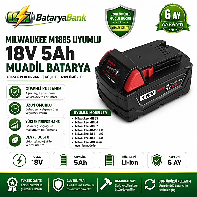 BataryaBank Milwaukee M18B5 Uyumlu 18V 5Ah ( 5000mAh ) Li-ion Muadil Matkap Bataryası - 1