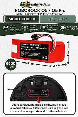 BataryaBank Roborock Q5 / Q5 Pro Uyumlu Robot Süpürge Bataryası 14.4V 6500mAh Li-ion Yüksek Kapasiteli Şarj Edilebilir Pil - 1