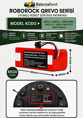 BataryaBank Roborock Qrevo / Qrevo L / Qrevo Pro / Qrevo S / Qrevo Master / Qrevo MaxV Uyumlu Robot Süpürge Bataryası 14.4V 6500mAh Li-ion Yüksek Kapasiteli Pil - 1