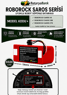 BataryaBank Roborock Saros Serisi Uyumlu Robot Süpürge Bataryası 14.4V 6500mAh Li-ion (Saros 10 / Saros 10R / Saros Z70) - 1