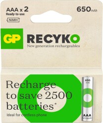 GP Recyko 650 mAh Ni-Mh AAA Size İnce Kalem Pil 2'li Blister - GP