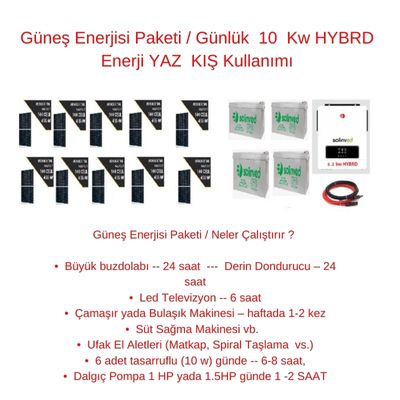 Güneş Enerjisi Paketi / Günlük 10 Kw HYBRD Enerji YAZ KIŞ Kullanımı - TNL