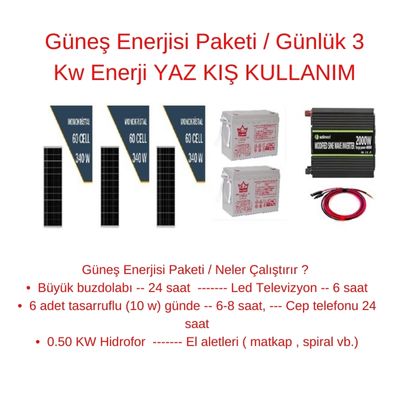 Güneş Enerjisi Paketi / Günlük 3 Kw Enerji YAZ KIŞ KULLANIM - TNL