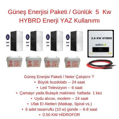 Güneş Enerjisi Paketi / Günlük 5 Kw HYBRD Enerji YAZ Kullanımı - TNL