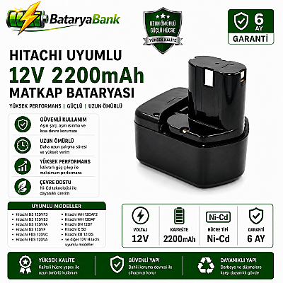 Hitachi Uyumlu 12V 2200mAh Ni-Cd Şarjlı Matkap Bataryası - BataryaBank - 1