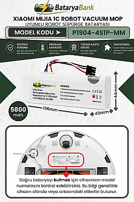 Mi Mijia 1C Robot Vacuum Mop P1904-4S1P-MM Uyumlu Batarya 14.4V 5800mAh Li-ion Robot Süpürge Pil - 1