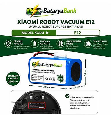 Mi Robot Vacuum E12 Uyumlu Batarya 14.4V 2600mAh Li-ion Robot Süpürge Pili Standart Kapasite Yedek Batarya - 1