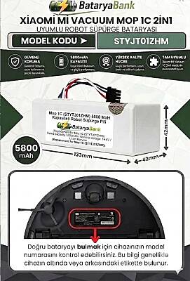 Mi Vacuum Mop 1C STYTJ01ZHM Robot Süpürge Bataryası 14.4V 5800mAh Li-ion Uyumlu Yüksek Kapasiteli Yedek Pil - 1