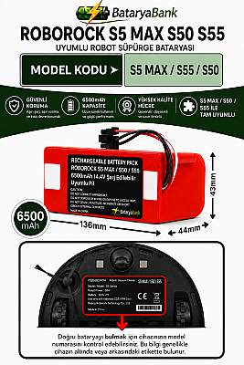 Roborock S5 Max / S50 / S55 Uyumlu Robot Süpürge Bataryası 14.4V 6500mAh Şarj Edilebilir Yedek Pil - 1