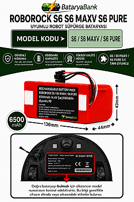 Roborock S6 / S6 MaxV / S6 Pure Uyumlu Robot Süpürge Bataryası 14.4V 6500mAh Şarj Edilebilir Yedek Pil - 1